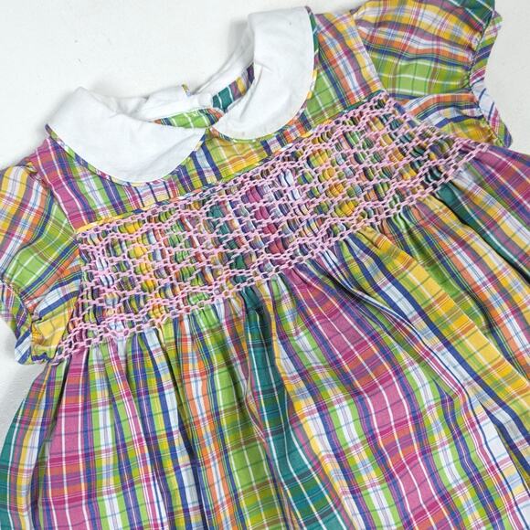 Ralph Lauren Rainbow Plaid Smocked Dress Baby Girls Sz 6m Pink Preppy Classic - Picture 2 of 7